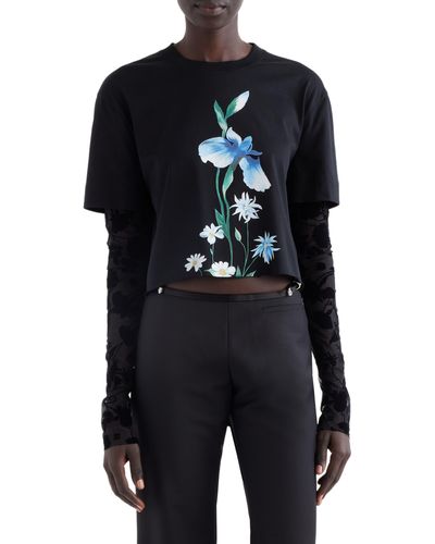 Givenchy Floral Layered Long Sleeve Crop T-shirt - Black