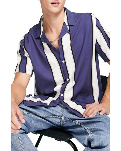 TOPMAN Stripe Button-up Camp Shirt - Blue