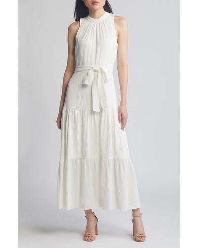 Anne Klein Crinkle Mock Neck Tiered Maxi Dress - White