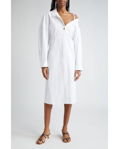 Jacquemus La Robe Chemise Long Sleeve Asymmetric Cotton Poplin Shirtdress - White