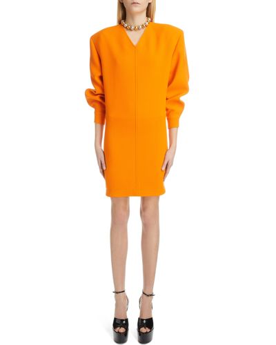 Saint Laurent Wool V-neck Minidress - Orange
