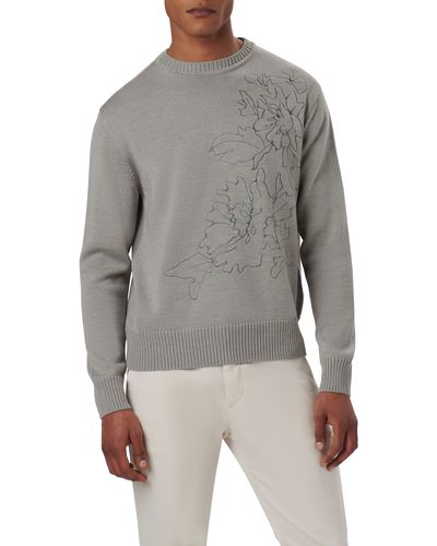 Bugatchi Embroidered Merino Wool Crewneck Sweater - Gray