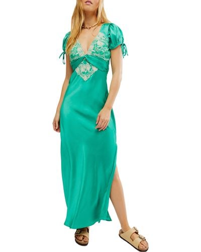 Free People Cooper Embroidered Satin Maxi Dress - Green