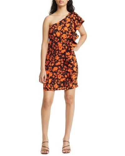 Chelsea28 Floral Ruffle One-shoulder Dress - Orange