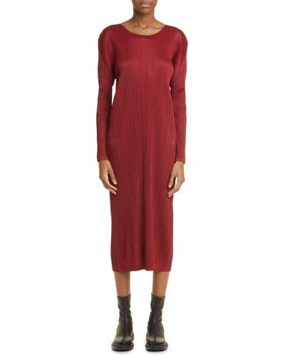 Pleats Please Issey Miyake Monthly Colors November Pleated Long Sleeve Midi Dress - Red