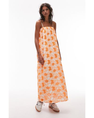 TOPSHOP Floral Embroidered Swing Sundress - Orange