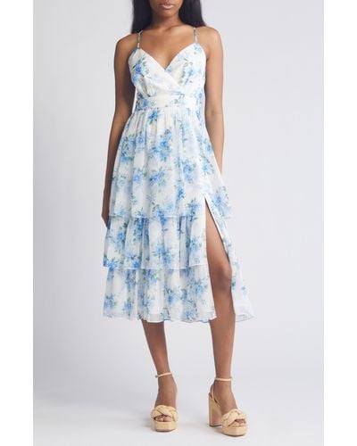 Lulus Cultivate Crushes Floral Midi Cocktail Dress - Blue