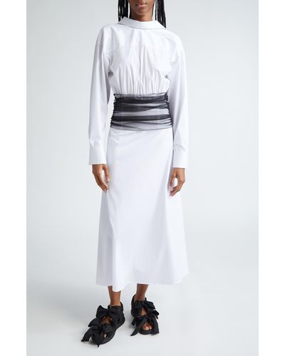 Renaissance Renaissance Drew Tulle Waist Long Sleeve Poplin Shirtdress - White