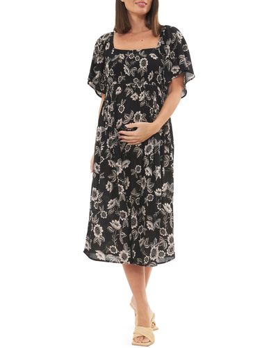 Ripe Maternity Trina Floral Shirred Midi Maternity Dress - Black