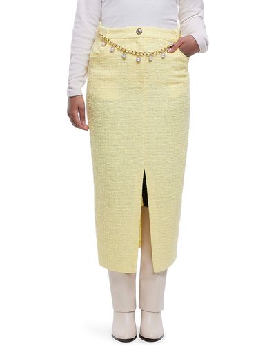 River Island Imitation Pearl Belt Cotton Blend Bouclé Pencil Skirt - Yellow