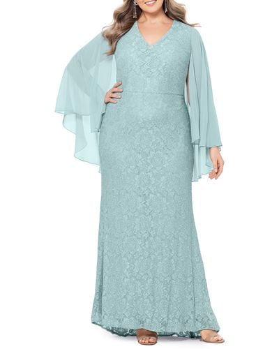 Betsy & Adam Lace Cape Sleeve Gown - Blue