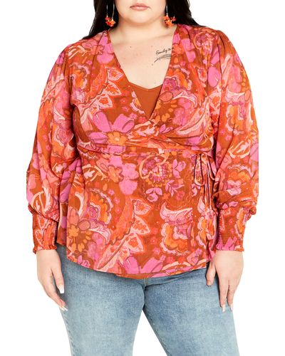 City Chic Alexis Paisley Long Sleeve Wrap Top - Red
