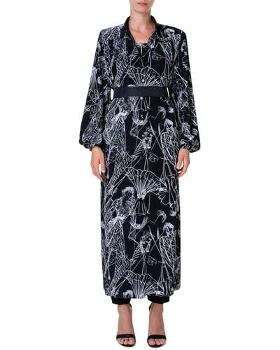Akris Croquis Print Long Sleeve Silk Kaftan Dress - Black