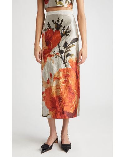 Erdem Floral Metallic Textured Satin Midi Skirt - Orange