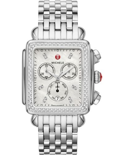 Michele Deco Xl Chronograph Diamond Bracelet Watch - Gray