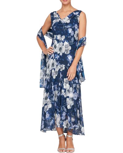 Alex Evenings Floral Cowl Neck A-line Dress With Shawl - Blue