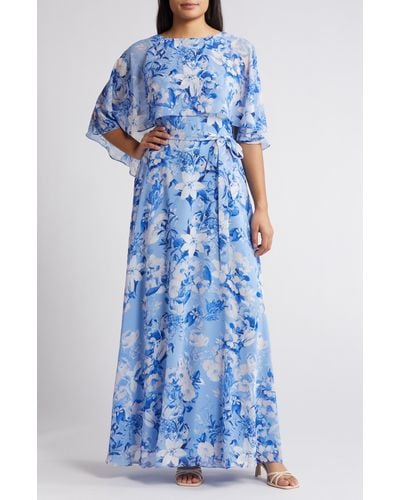 Eliza J Floral Capelet Overlay Cocktail Dress - Blue