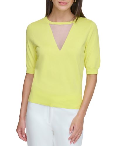 DKNY Sheer Mesh Illusion V-neck Sweater - Yellow