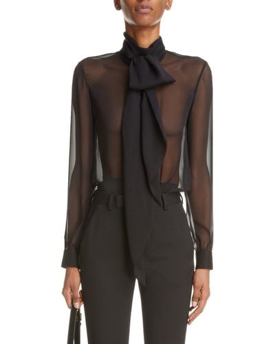 Saint Laurent Sheer Tie Neck Long Sleeve Silk Blouse - Black