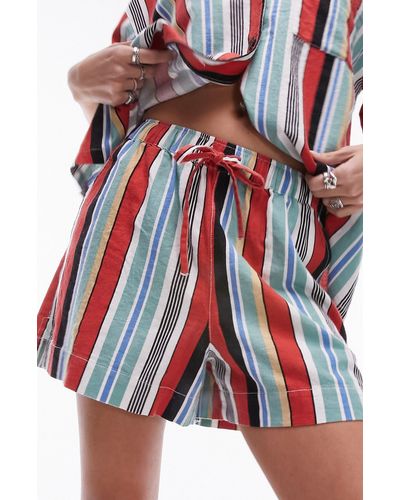 TOPSHOP Stripe Linen Blend Drawstring Shorts - Red