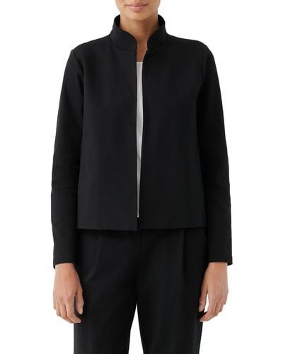 Eileen Fisher Open Front Stand Collar Organic Cotton Blend Jacket - Black