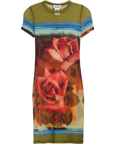 Jean Paul Gaultier Rose Print Semisheer Mesh Dress - Red