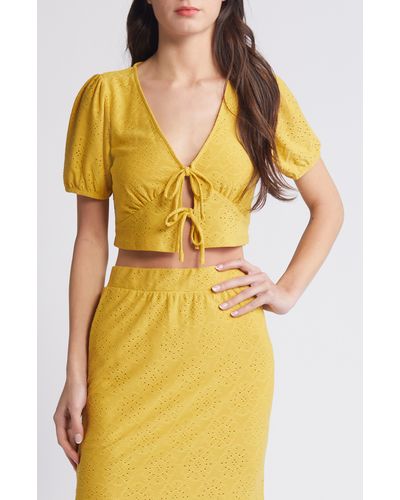Something New Anne Eyelet Tie Front Crop Top - Yellow