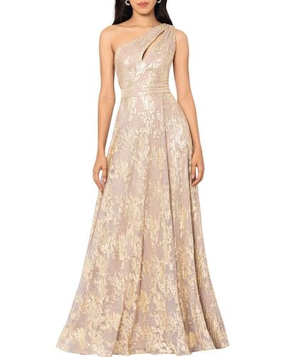 Betsy & Adam Metallic Floral One-shoulder Sheath Gown - Natural