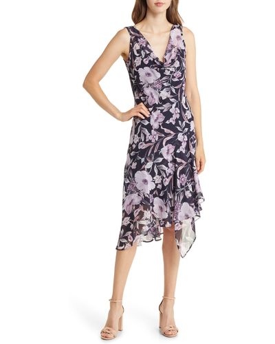 Connected Apparel Floral Asymmetric Hem Chiffon Midi Dress - Purple