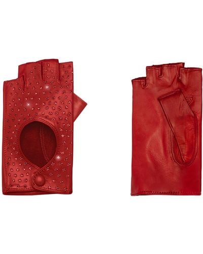 Seymoure Gloves Leather & Crystal Fingerless Driving Gloves - Red