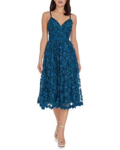 Dress the Population Tahani Floral Embroidered Fit & Flare Midi Dress - Blue