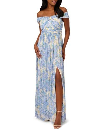 Adrianna Papell Off The Shoulder Chiffon Gown - Blue