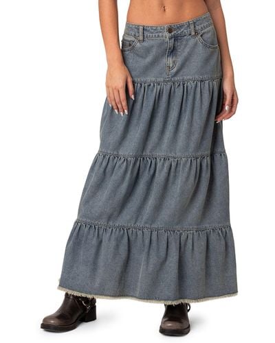 Edikted Countryside Tiered Denim Maxi Skirt - Gray