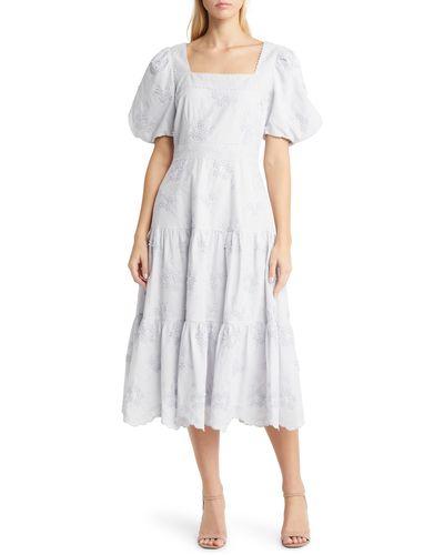 Rachel Parcell Floral Embroidered Tiered Midi Dress - White
