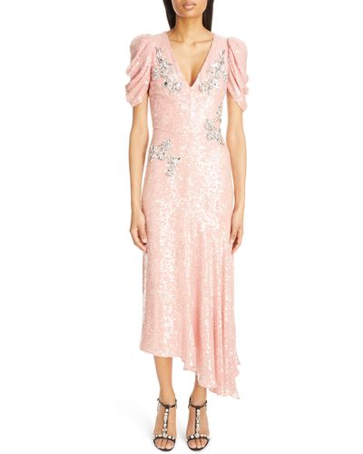 Erdem Floral Crystal Sequin Short Sleeve Cocktail Dress - Pink