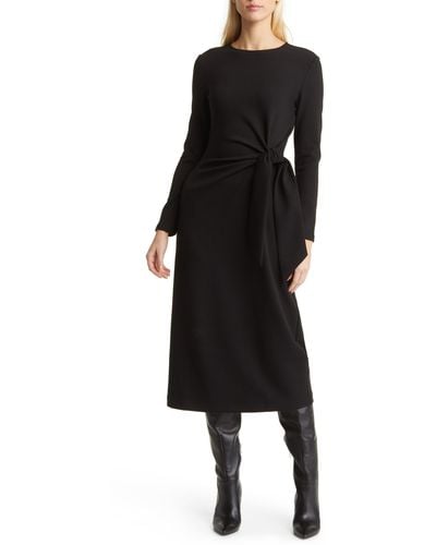 Nordstrom Tie Waist Long Sleeve Knit Midi Dress - Black
