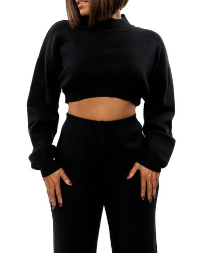 DAI MODA Mock Neck Crop Wool Blend Sweater - Black