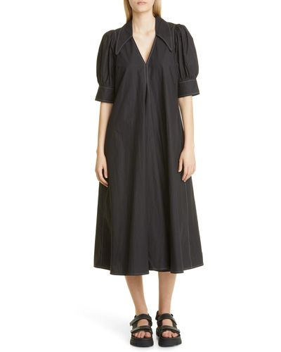 Ganni Point Collar Cotton Poplin Maxi Dress - Black