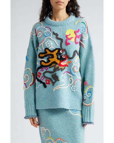 YANYAN Dragon Embroidered Wool Blend Crewneck Sweater - Blue