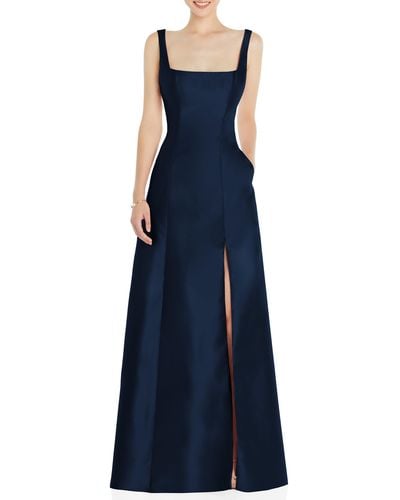 Alfred Sung Square Neck Satin A-line Gown - Blue