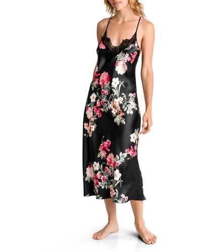 In Bloom Lace Trim Satin Nightgown - Black