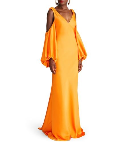 Halston Binnie Cold Shoulder Long Sleeve Satin Gown - Orange