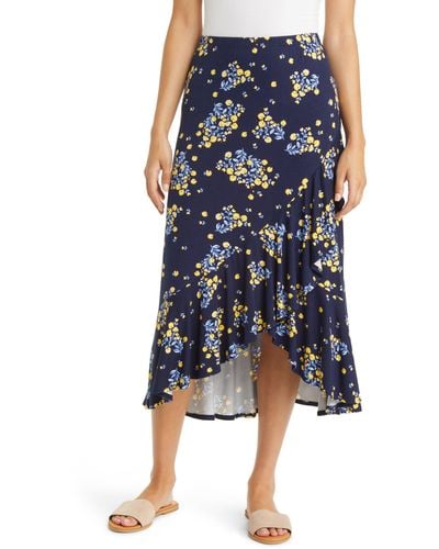 Loveappella Floral Flounce Hem Midi Skirt - Blue