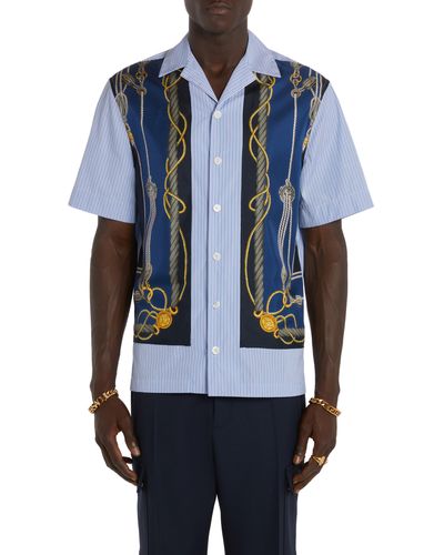Versace Nautical Stripe Cotton Poplin & Silk Button-up Shirt - Blue