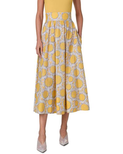 Akris Punto Hello Sunshine Floral Pleated Cotton Midi Skirt - Yellow