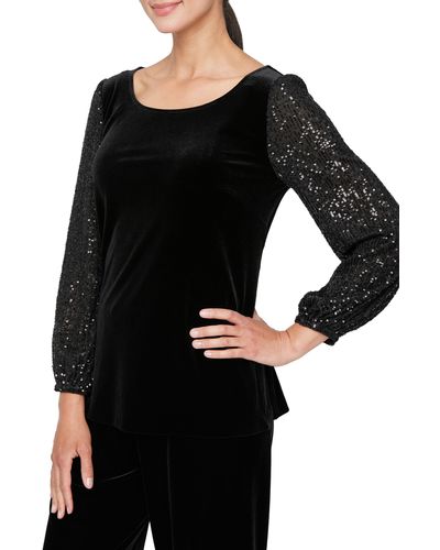 Alex Evenings Sequin Sleeve Velvet Top - Black