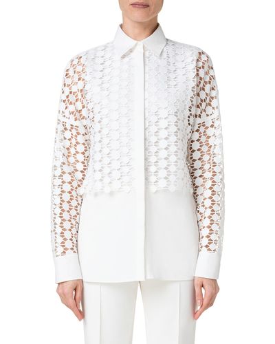 Akris Punto Kaleidoscope Guipure Lace Overlay Long Sleeve Cotton Blouse - White