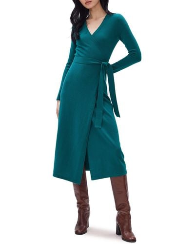 Diane von Furstenberg Astrid Long Sleeve Wool & Cashmere Wrap Sweater Dress - Green
