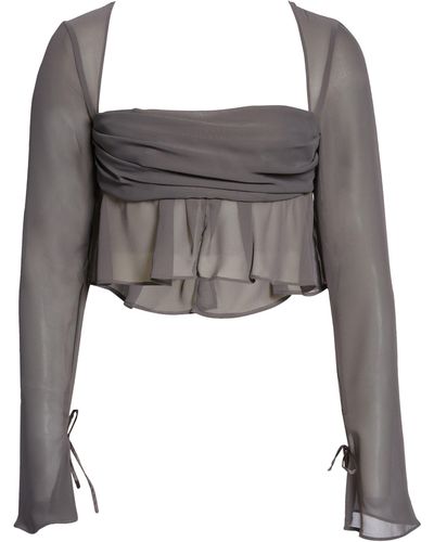 House Of Cb Athena Long Sleeve Georgette Crop Top - Gray