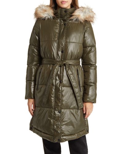 Sam Edelman Belted Puffer Coat With Faux Fur Trim Hood - Green